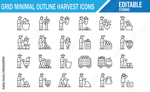 Farmer gathering crops and produce vector line icons set.