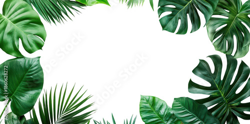 A arrangement of tropical green leaves framing a blank white space. perfect for text or images. ideal for nature-themed designs or eco-friendly projects