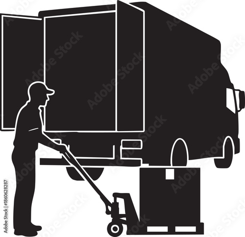 Delivery Person with Pallet Jack at Open Truck Doors Silhouettes isolated on white background