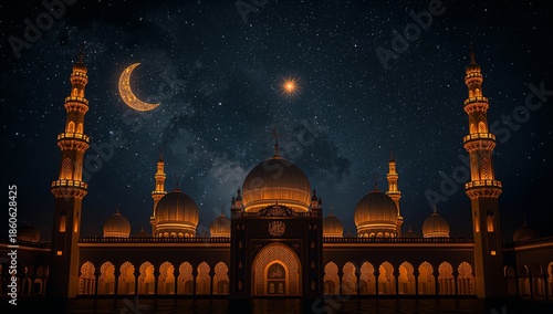 Mosque Illuminated at Night With Crescent Moon and Stars in the Sky Above the...