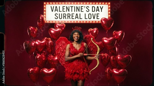 Woman With Red Wings and Bow Poses With Heart Balloons for Valentines Day Theme
