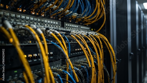 Data Center With Server Racks and Network Cables in Use During Nighttime Oper...