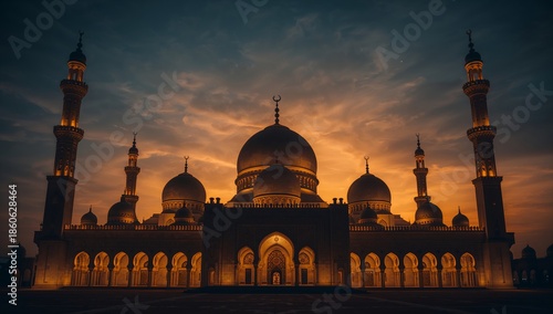 Sunset View of Large Mosque With Minarets and Domes in a City