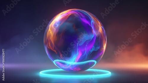 A mesmerizing, luminous energy sphere, with fluid plasma patterns in electric blue, ultraviolet purple, burnt orange, and hot pink tones, floats in the center of an ethereal, dark space.