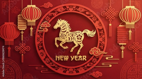 Celebration of New Year With Traditional Decorations in Red and Gold Colors