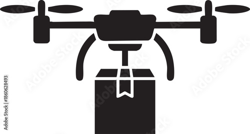 Futuristic Delivery Drone Quadcopter Carrying Package Silhouettes isolated on white background