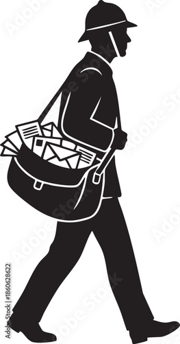 Mail Carrier with Pith Helmet and Overflowing Satchel Bag Silhouettes isolated on white background