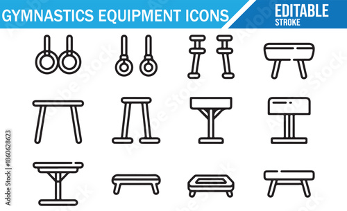 Editable stroke icons depicting various gymnastics apparatus, bars, and mats.