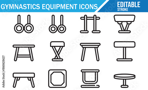Set of 20 monochrome line art symbols for gymnastics competition and practice.