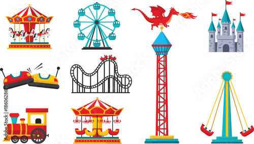 Large set of colorful amusement park ride icons featuring a roller coaster ferris wheel carousels bumper cars drop tower and fairground attractions vector.