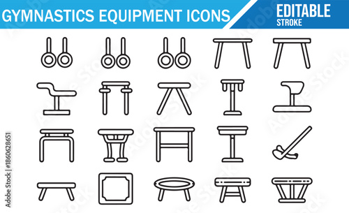 Gymnastics sport training gear icons collection for fitness design projects.