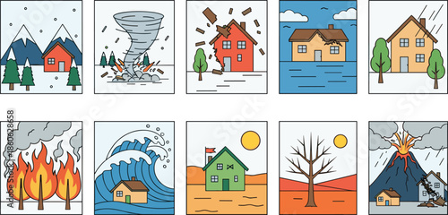 Large set of flat icons illustrating natural disasters including tornado earthquake flood tsunami wildfire volcanic eruption and extreme weather conditions isolated on white background.