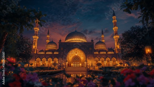 Sunset View of a Large Mosque With Shining Lights and Detailed Architecture i...
