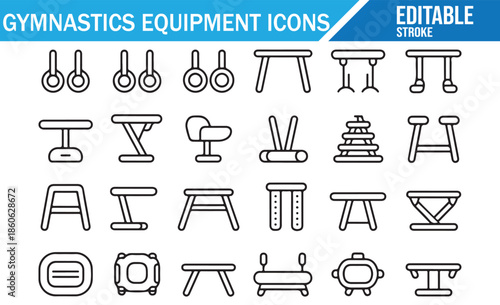 Vector gymnastics equipment line icons set with editable stroke for designers.