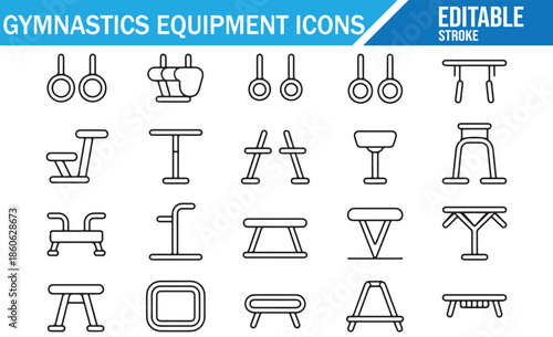 Gymnastics equipment icon set. Collection of vector line art apparatus symbols with editable stroke for sports training, competition, and fitness design.