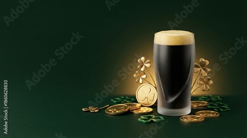 Beverage With Gold Coins and Shamrocks on Green Background for Festive Celebr...