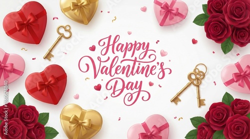 Valentines Day Decorations With Hearts, Roses, and a Greeting on a White Back...