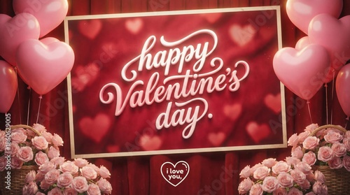 Happy Valentines Day Greeting With Roses and Hearts in a Garden Setting