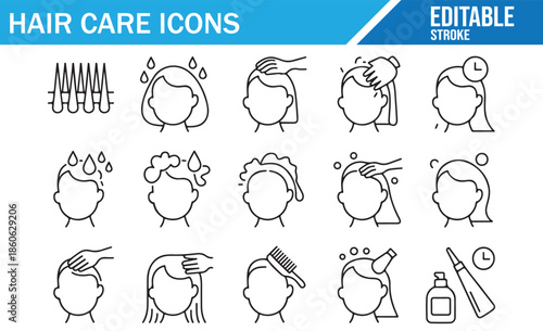 Set of linear icons for hair products and treatments.