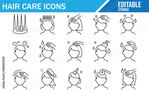Minimalist hair health and grooming outline illustrations.