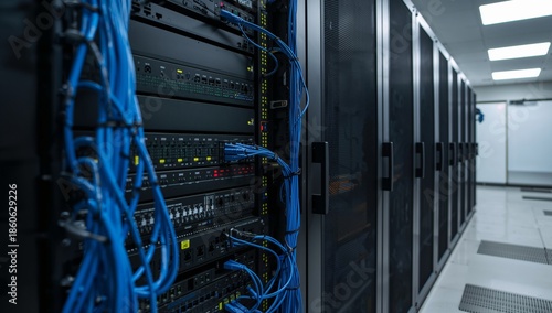 Server Room With Network Equipment and Cables in Technology Facility at Night