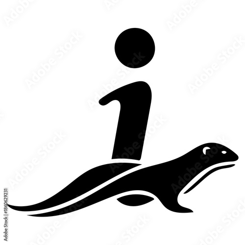 Stylized person riding a seal in a playful, modern graphic design