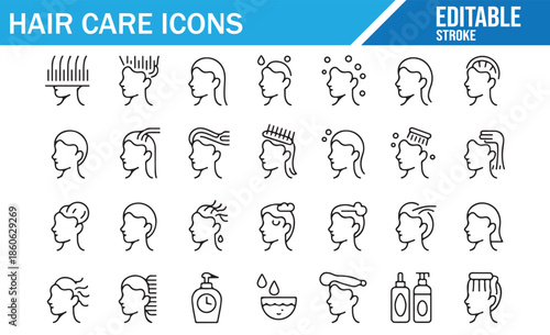 Editable stroke hair routine symbols vector pack.