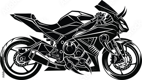 A sleek black motorcycle with a futuristic design is shown in a detailed illustration