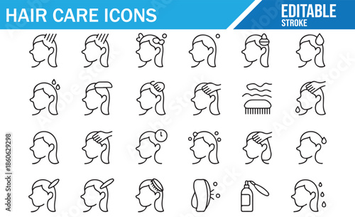 Vector line icons of hair washing, dyeing, and styling.