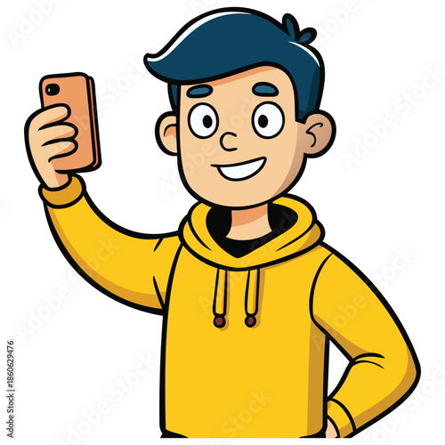 Flat Vector Illustration of Two Happy Men Taking a Selfie Together