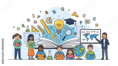 Children learning with books and educational symbols a concept for knowledge and discovery flat vector illustration for school or study