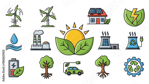 Set of eco-friendly energy icons including wind turbines solar panels and electric car for environmental concepts and sustainability