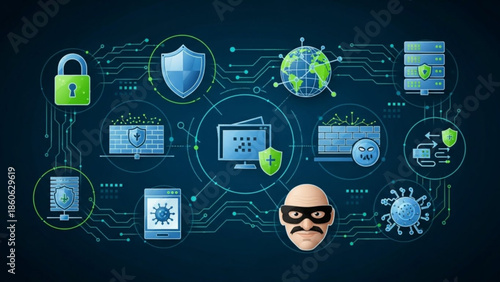 Cybersecurity concept with digital icons of padlock shield server and virus representing data protection and network security for technology and onl