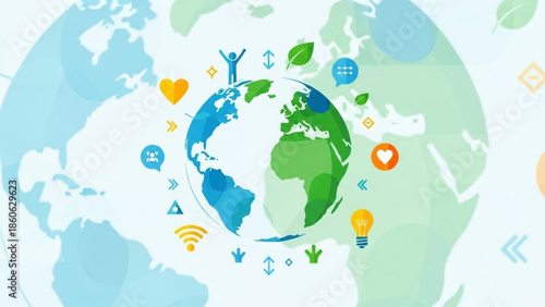 Global network of eco-friendly icons and symbols representing sustainability and connection ideal for environmental concepts and digital communicati