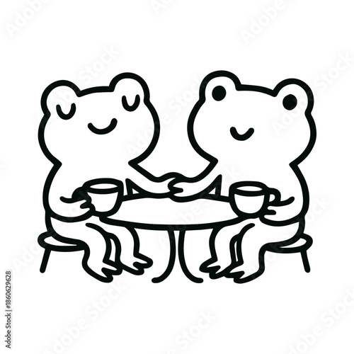 Cute frogs sharing drinks and holding hands illustration for Valentine’s Day greeting cards, romantic posters, and social media, doodle vector