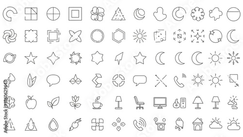 Collection of simple outline icons representing various concepts like weather nature and technology perfect for web and app design