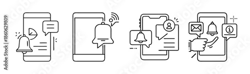 Mobile phone notification alert message icons with bell, email, and reminder symbols