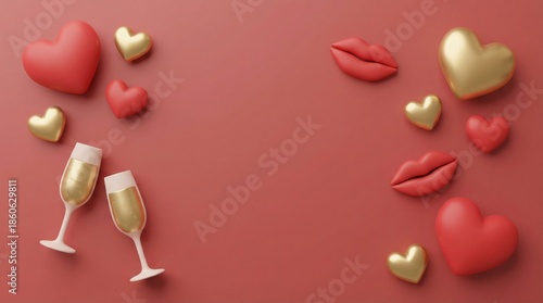 Hearts and Glasses on a Red Background for a Celebration or Event With Love T...
