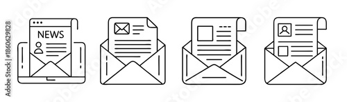 Modern line icons depicting various forms of digital communication and mail delivery in envelopes