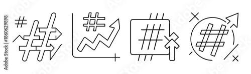 Hashtag engagement and growth icons for social media analytics and trend tracking
