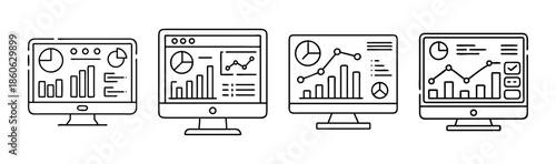 Data visualization on computer monitors showcasing various analytical charts and graphs for business insights
