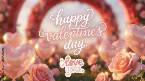 Happy Valentines Day Greeting With Roses and Hearts in a Garden Setting