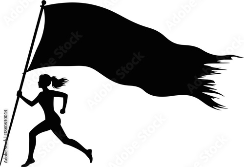 Running woman silhouette holding tattered black flag, dynamic vector illustration symbolizing freedom, resistance, strength, protest movement, empowerment, motion, minimalist design, and dramatic conc