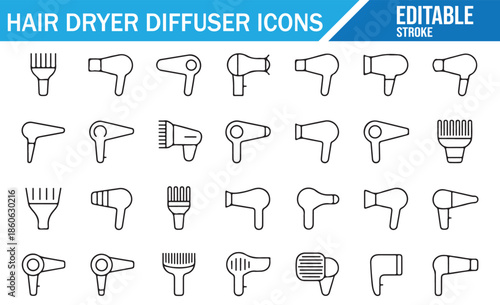 Vector collection of thin line hair styling devices and accessories.