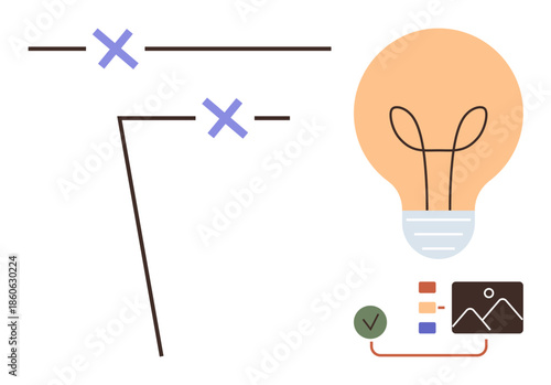 Lightbulb with diagrams, lines, and markers showcasing creativity, problem-solving, and strategy planning. Ideal for innovation, brainstorming, education, analysis business growth leadership