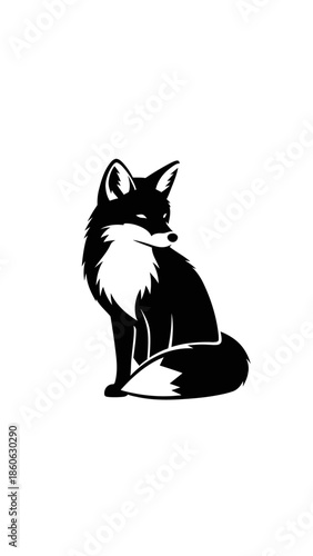 Black and white fox sitting down.