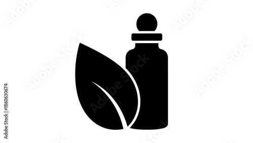 Black silhouette of leaf and bottle.
