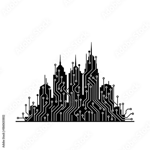 Circuit board cityscape with towers.