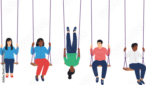 Set of diverse children characters playing on swings with one child swinging upside down in a flat vector style for playground concept.