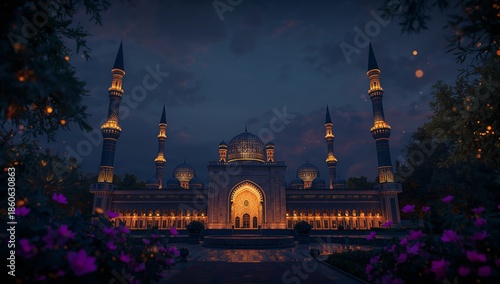 Majestic Mosque Illuminated at Night With Crescent Moon Over the City